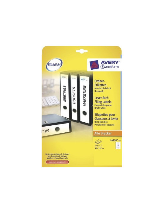 Etiquettes blanches longues pour dos de classeur étroit 38x297mm
