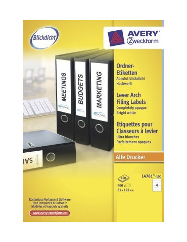 Ordnerruget. Avery 192x61mm doos 100 vel 4 et. per vel wit