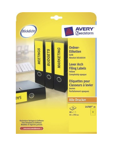 ordnerrugetiket Avery 192x61mm geel 20 vel 4 etiketten per vel