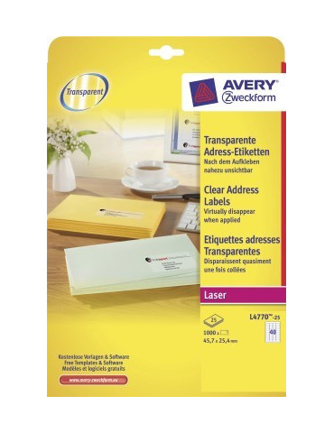 Laseretiket Avery 45,7x25,4 transp. doos 25 vel 40 et. per vel