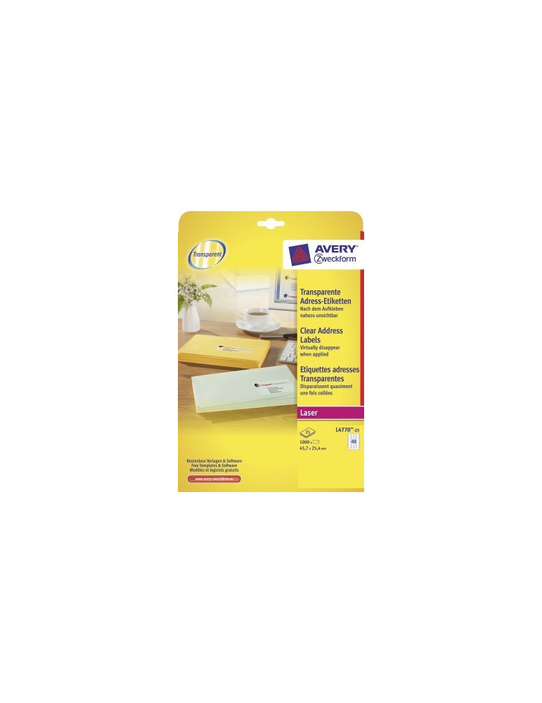 Laseretiket Avery 45,7x25,4 transp. doos 25 vel 40 et. per vel