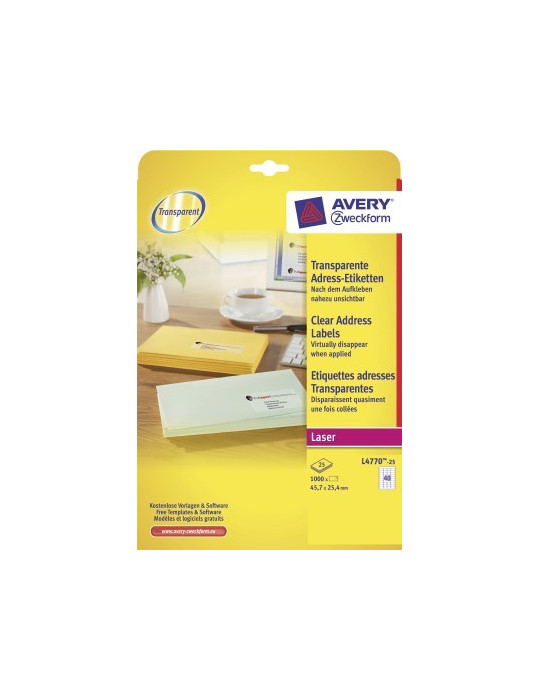 Laseretiket Avery 45,7x25,4 transp. doos 25 vel 40 et. per vel