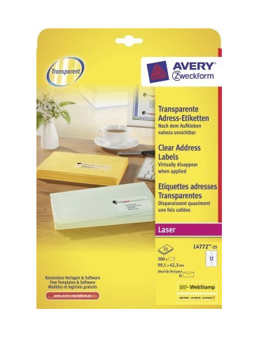 Laseretiket Avery 99,1x42,3mm transp. doos 25 vel 12 et. per vel