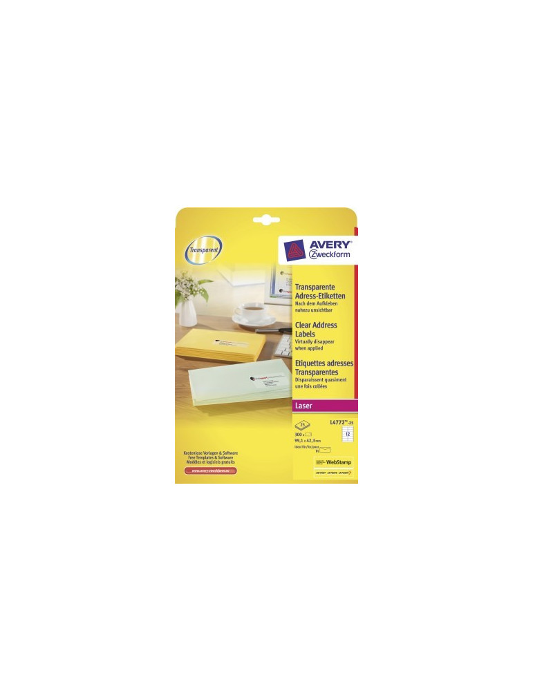 Laseretiket Avery 99,1x42,3mm transp. doos 25 vel 12 et. per vel