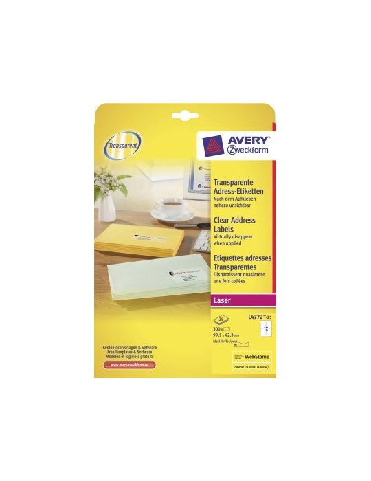 laseretiket Avery 99,1x42,3mm transparant 25 vel 12 etiketten per vel