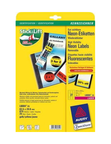 Laseretiket Avery 63,5x29,6mm neongeel doos 25 vel 27 et. per vel