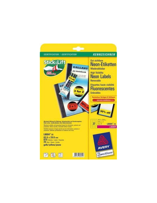 Laseretiket Avery 63,5x29,6mm neongeel doos 25 vel 27 et. per vel