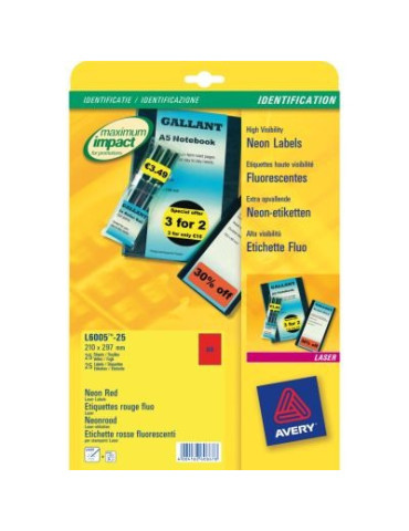 Laseretiket Avery 210x297mm neonrood doos 25 vel 1 et. per vel