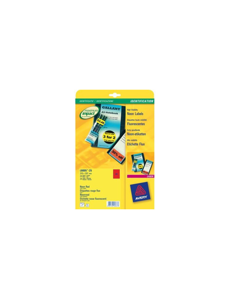 Laseretiket Avery 210x297mm neonrood doos 25 vel 1 et. per vel