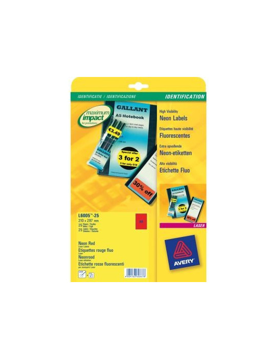 Laseretiket Avery 210x297mm neonrood doos 25 vel 1 et. per vel