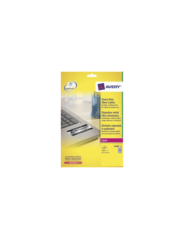 Laseretiket Avery 25,4x10mm zilver doos 20 vel 189 et. per vel
