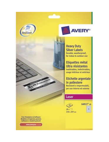 laseretiket Avery 210x297mm 20 vel 1 etiket per vel zilver