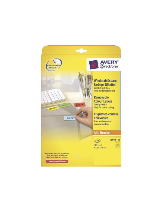 etiket Avery ILK 63,5x33,9mm 20 vel 24 etiketten per vel geel