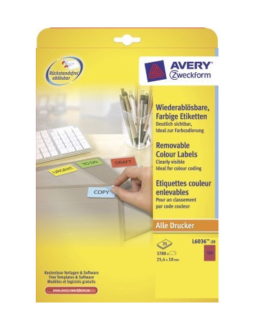 Etiket Avery ILK 25,4x10mm rood doos 20 vel 189 et. per vel