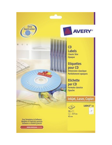 CD etiket Avery 117mm classic size wit doos 25 vel 2 et. per vel