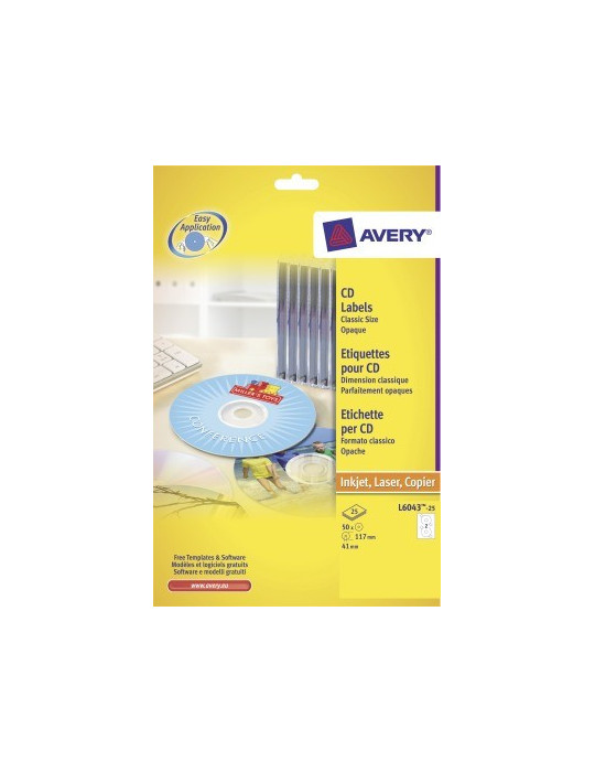 CD etiket Avery 117mm classic size wit doos 25 vel 2 et. per vel