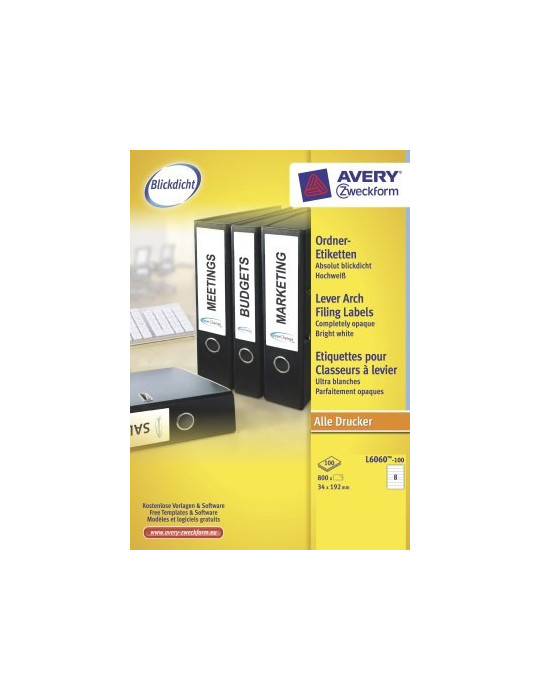 Ordnerrugetiket Avery 192x34 wit doos 100 vel 8 et. per vel