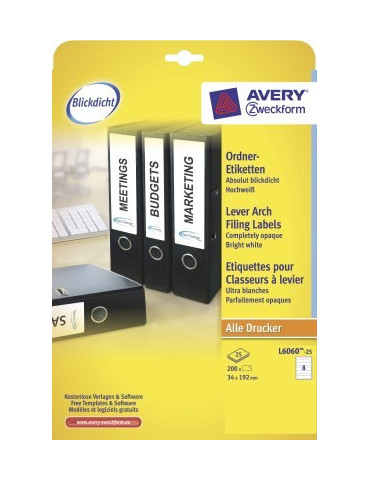 *Ordnerrugetiket Avery 192x34 wit doos 25 vel 8 et. per vel