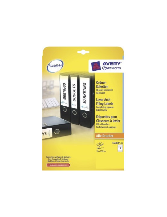 *Ordnerrugetiket Avery 192x34 wit doos 25 vel 8 et. per vel