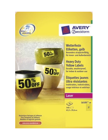 Etiquette laser Avery 63,5x29,6mm jaune 20 flles, 27 ets par flle