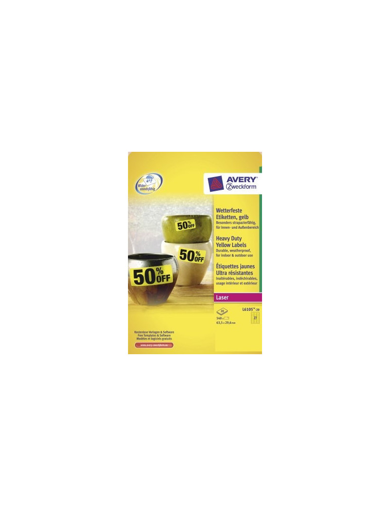 Etiquette laser Avery 63,5x29,6mm jaune 20 flles, 27 ets par flle
