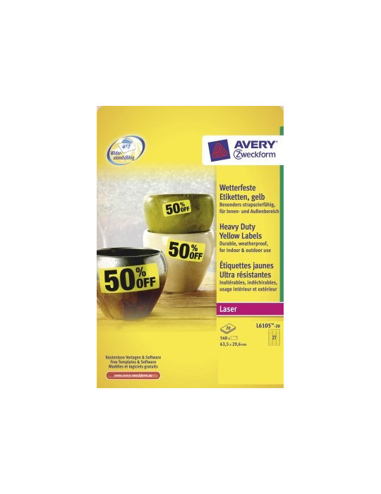 Etiquette laser Avery 63,5x29,6mm jaune 20 flles, 27 ets par flle