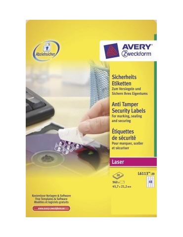 veiligheidsetiket Avery 45,7x21,2mm wit 20vel 48 etiketten per vel