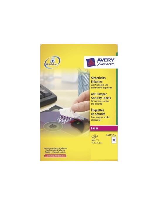 Veiligheidsetiket Avery 45,7x 21,2mm wit doos 20 vel 48 et. op vel