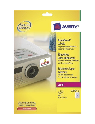 Etiquette laser Avery 45,7x25,4mm blanche 20 feuilles 48 éts. par feui