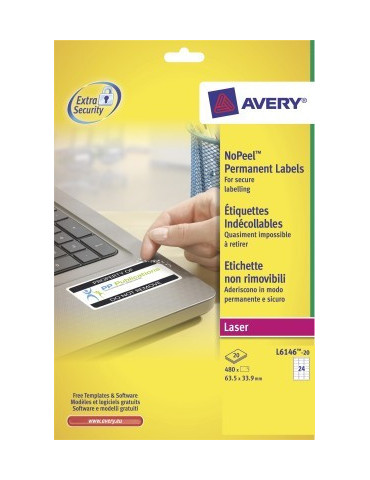 laseretiket Avery 63,5x33,9mm wit 20 vel 24 etiketten per vel