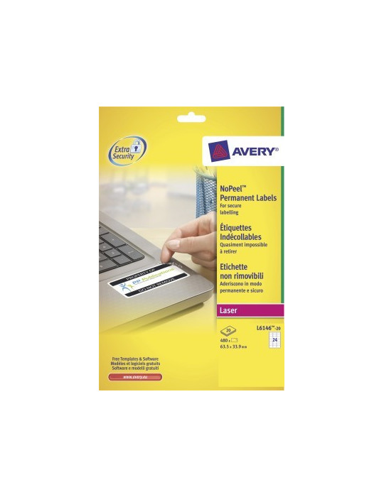 Laseretiket Avery63,5x33,9mm wit No-Peel doos 20 vel 24 et. per vel