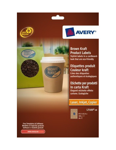 produktetiket Avery 63,5x42,3mm bruin 20 vel 18 etiketten per vel