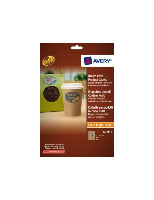 produktetiket Avery 63,5x42,3mm bruin 20 vel 18 etiketten per vel