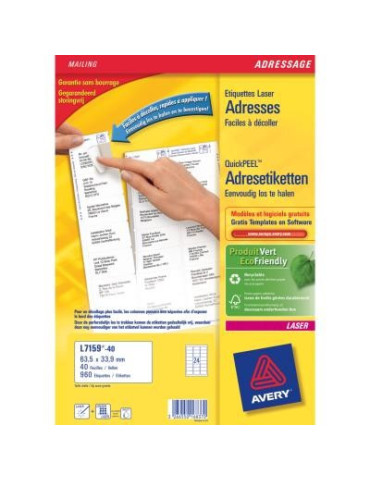 Adresetiket Avery Quick-Peel 63,5x33,9mm wit doos 40 vel 24 etiketten