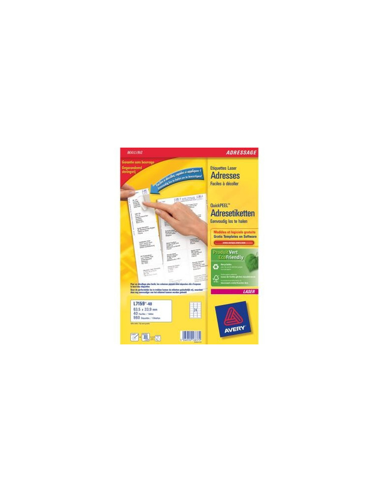 Adresetiket Avery Quick-Peel 63,5x33,9mm wit doos 40 vel 24 etiketten