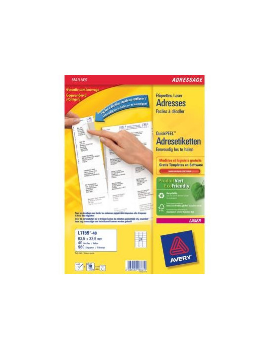 Adresetiket Avery Quick-Peel 63,5x33,9mm wit doos 40 vel 24 etiketten