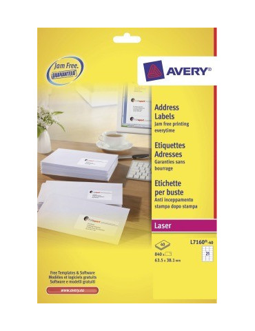 Adresetiket Avery Quick-Peel 63,5x38,1mm wit doos 40 vel 21 etiketten