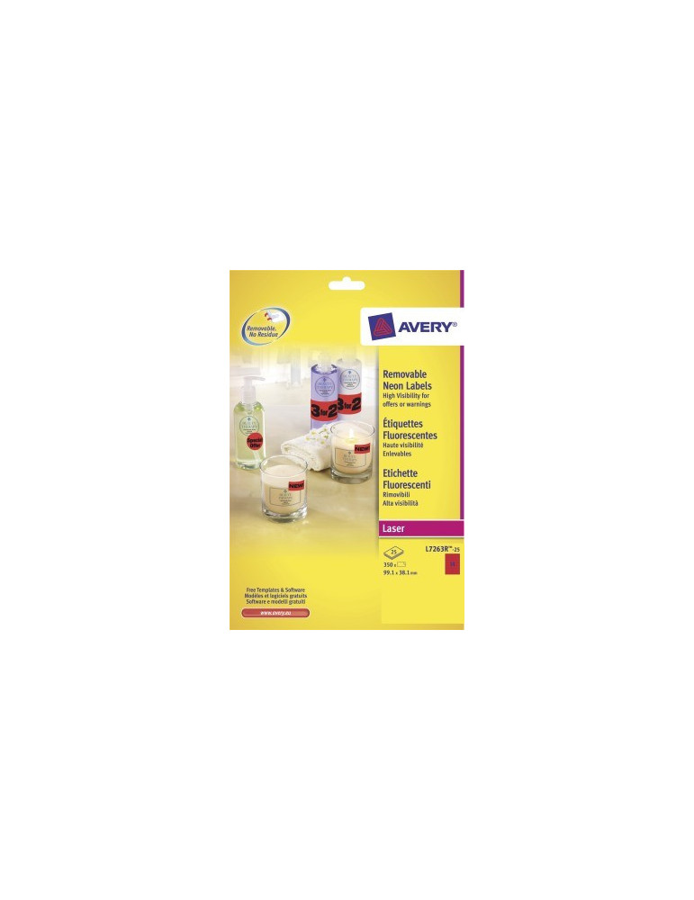 Adresetiket Avery 99,1x38,1mm neonrood doos 25 vel 14 et. per vel