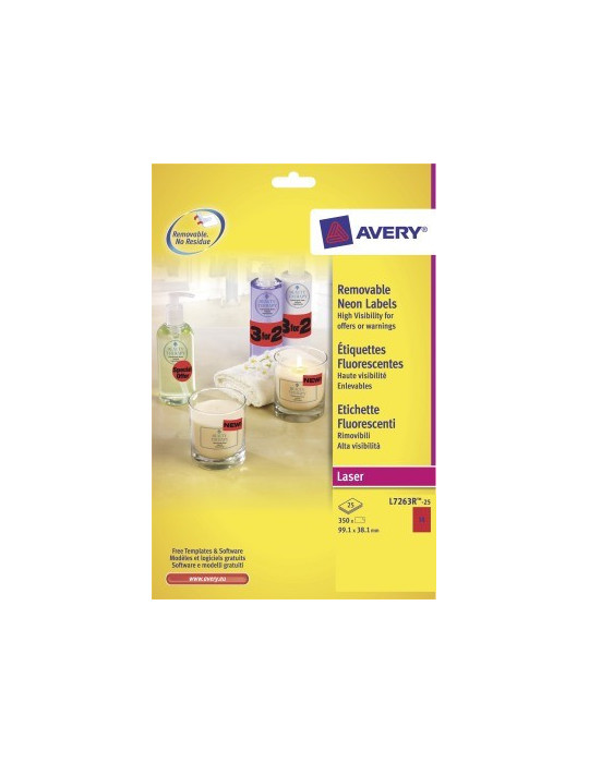 Adresetiket Avery 99,1x38,1mm neonrood doos 25 vel 14 et. per vel