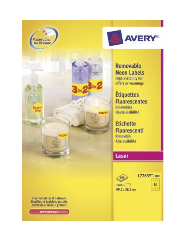 adresetiket Avery 99,1x38,1mm neongeel 100 vel 14 etiketten per vel