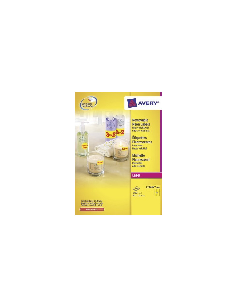 Adresetiket Avery 99,1x38,1mm neongeel doos 100 vel 14 et. per vel