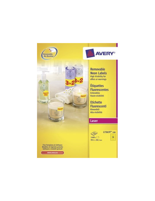 Adresetiket Avery 99,1x38,1mm neongeel doos 100 vel 14 et. per vel