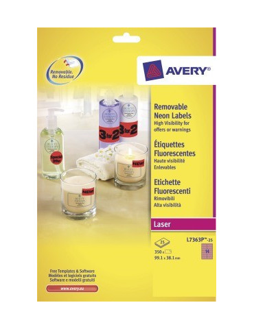 Adresetiket Avery 99,1x38,1mm neonroze doos 25 vel 14 et. per vel