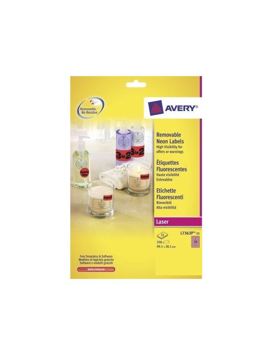 Adresetiket Avery 99,1x38,1mm neonroze doos 25 vel 14 et. per vel