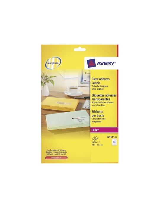 Laseretiket Avery 38,1x21,2mm transp. doos 25 vel 65 et. per vel