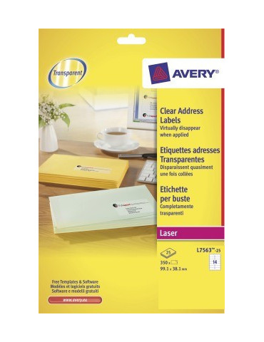 Laseretiket Avery 99,1x38,1mm transp. doos 25 vel 14 et. per vel