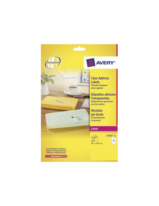 Laseretiket Avery 99,1x38,1mm transp. doos 25 vel 14 et. per vel