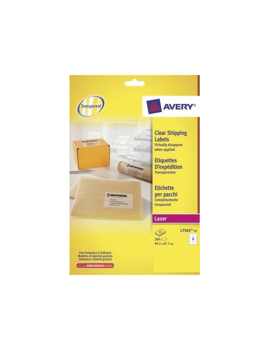 Laseretiket Avery 99,1x67,7mm transp. doos 25 vel 8 et. per vel