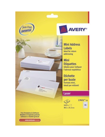 Etiquette laser Avery 38,1x21,2mm 25flles 65ets pas feuille blanc