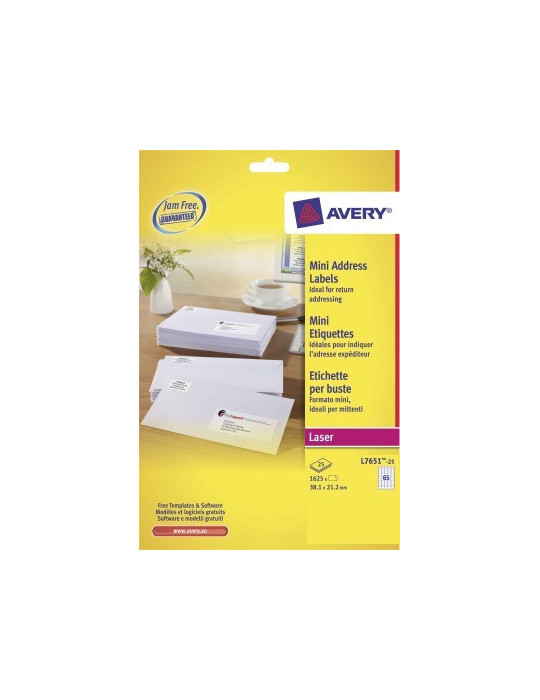 Laseretiket Avery 38,1x21,2mm wit doos 25 vel 65 et. per vel